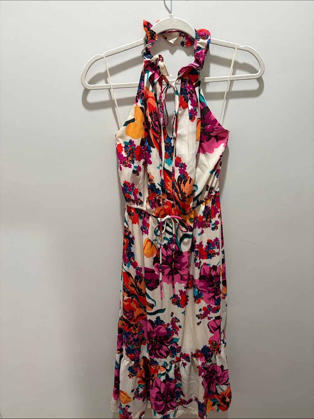 free press Floral Halter Midi Dress - White with Pink & Orange